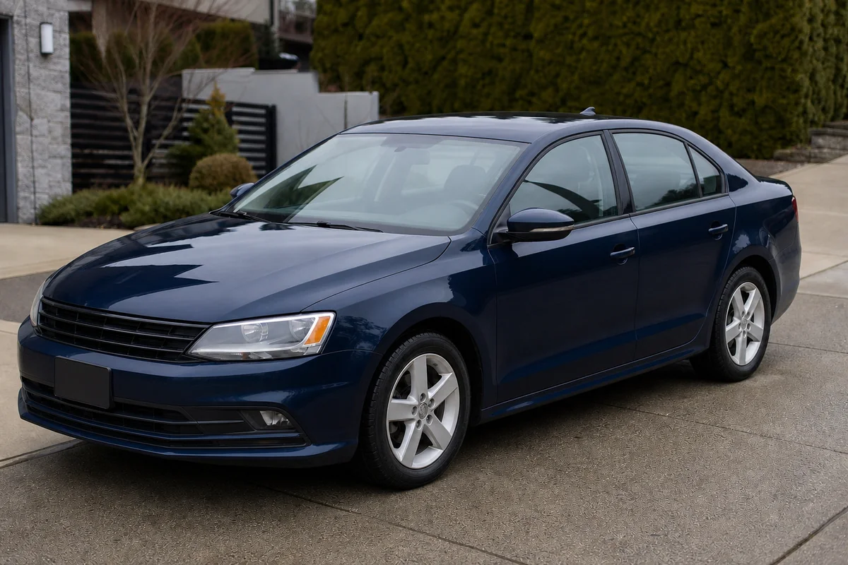 The same dark navy sedan clean and glossy after detailing