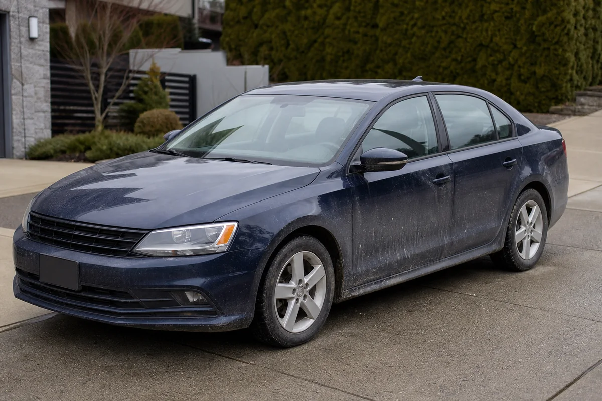 Dark navy sedan covered in winter road film before detailing