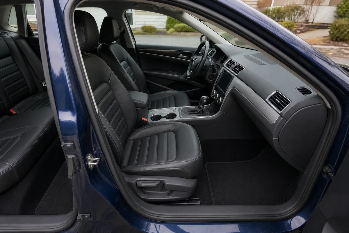The same dark navy sedan interior thoroughly cleaned after detailing