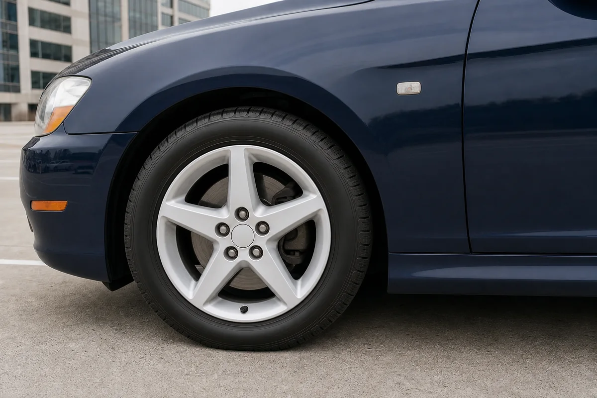The same five-spoke alloy wheel and navy panel clean after detailing