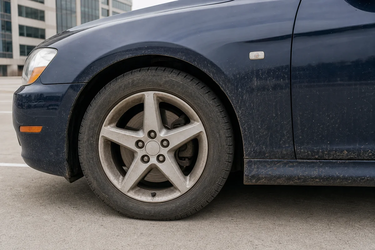 Five-spoke alloy wheel coated in brake dust and road grime before detailing